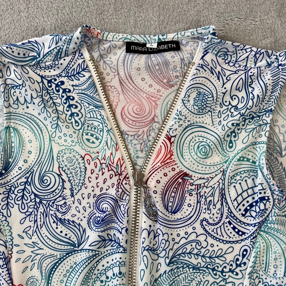 Mara Elizabeth Summer Dress Sleeveless 1/4 Zip Paisley Casual Coastal sz L Cool